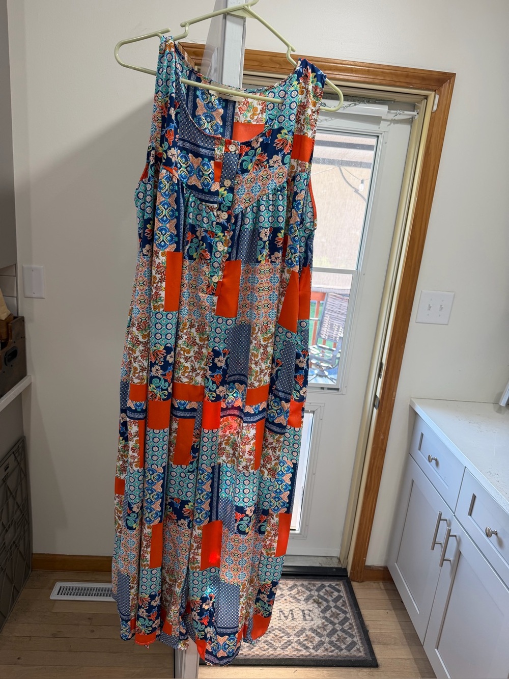 Women’s Sleeveless Patchwork Maxi Jumpsuit - Orange & Blue